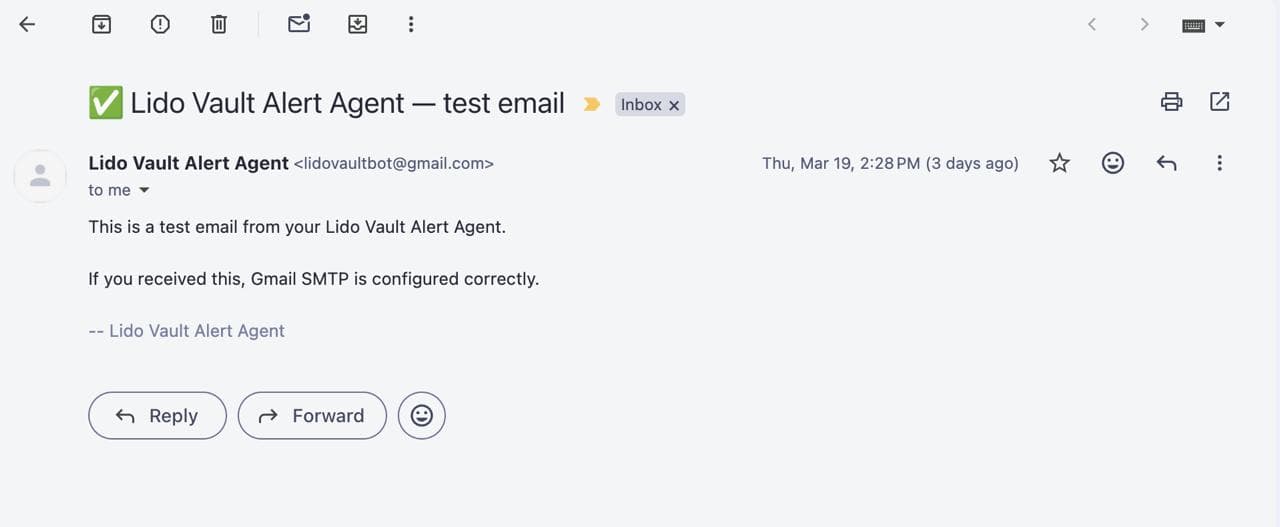 Example email alert showing a Lido Earn vault health update